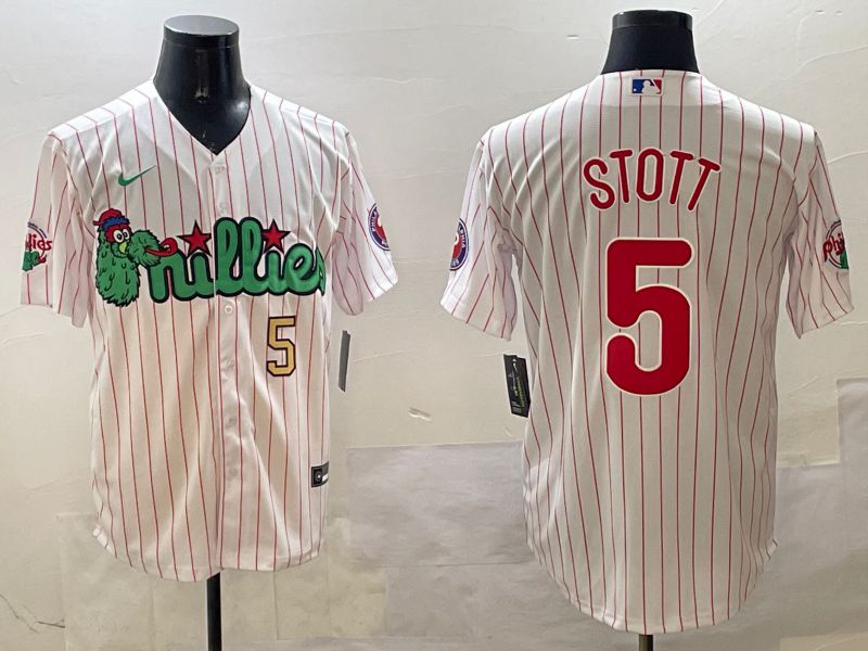 Men Philadelphia Phillies #5 Stott White Stripe Three generations Joint Name Game 2025 Nike MLB Jersey style 3